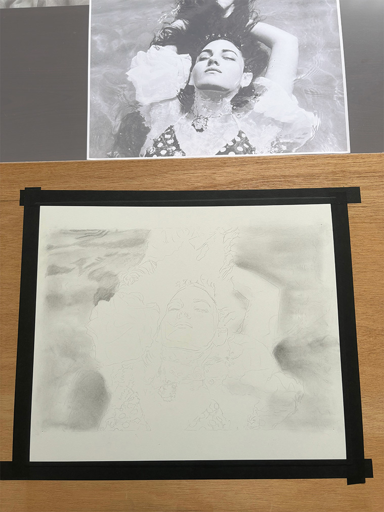 鉛筆画の背景を描き出したところ