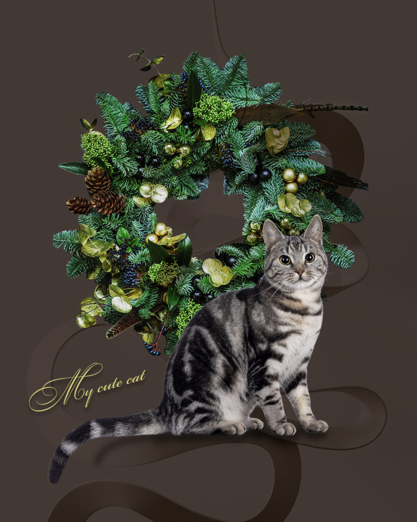 緑のリースと愛猫のメモリアルアートコラージュ オーダーメイド