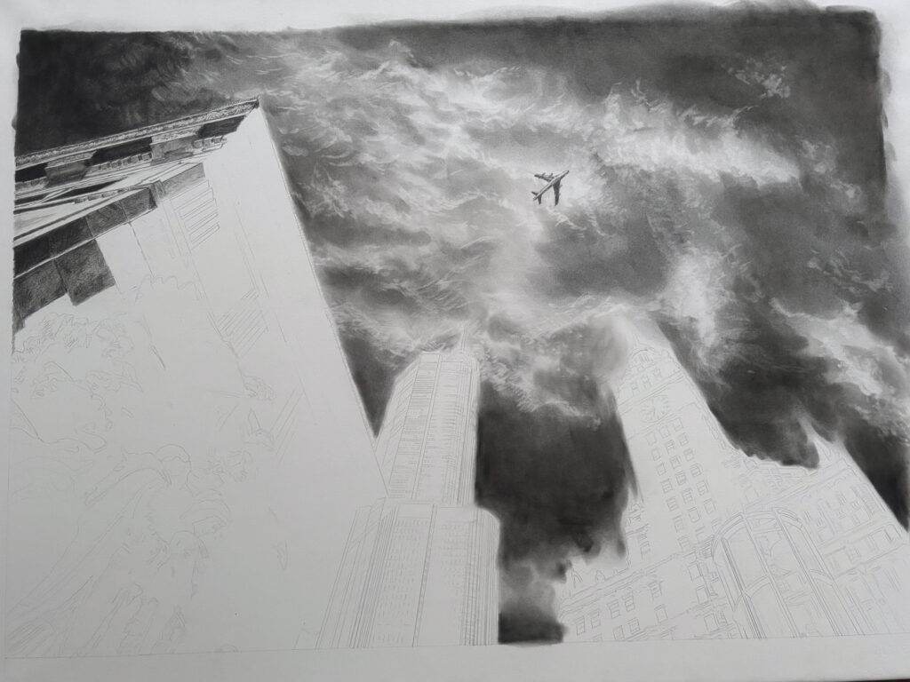 鉛筆画  雲と飛行機 ビル