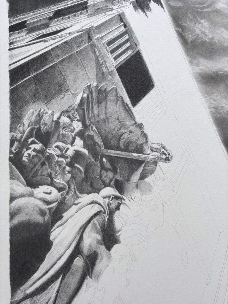 鉛筆画 シカゴのレリーフ 開拓者達