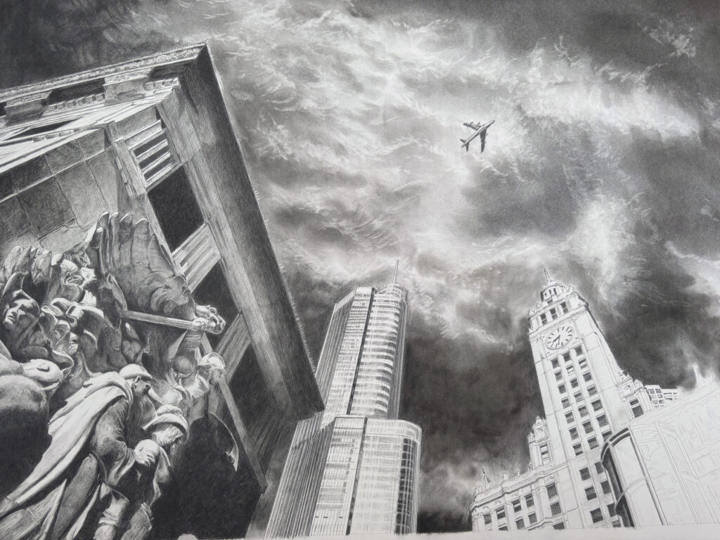 鉛筆画 シカゴ  歴史あるビル 飛行機