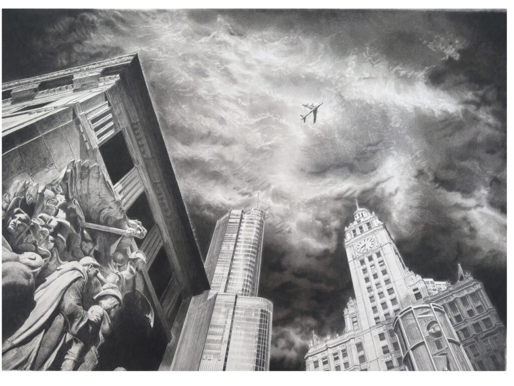 シカゴの風景 鉛筆画  レリーフ 近代と歴史あるビル 飛行機 歴史 芸術とテクノロジー