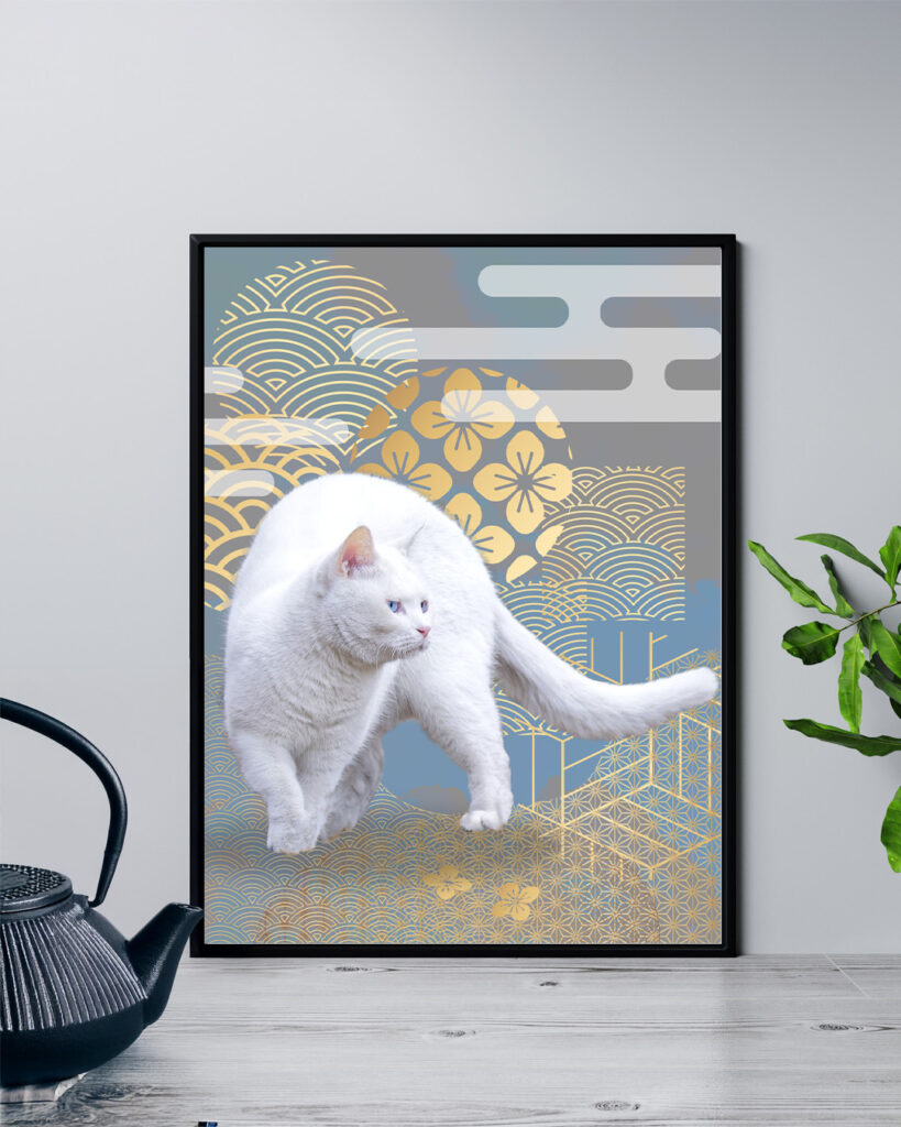 金の和の文様と白猫 額装 和室