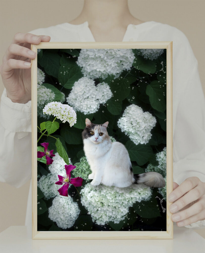 アナベルと猫のコラージュアート 猫アート 猫のメモリアルコラージュ ペットアート 季節の花と猫のアート