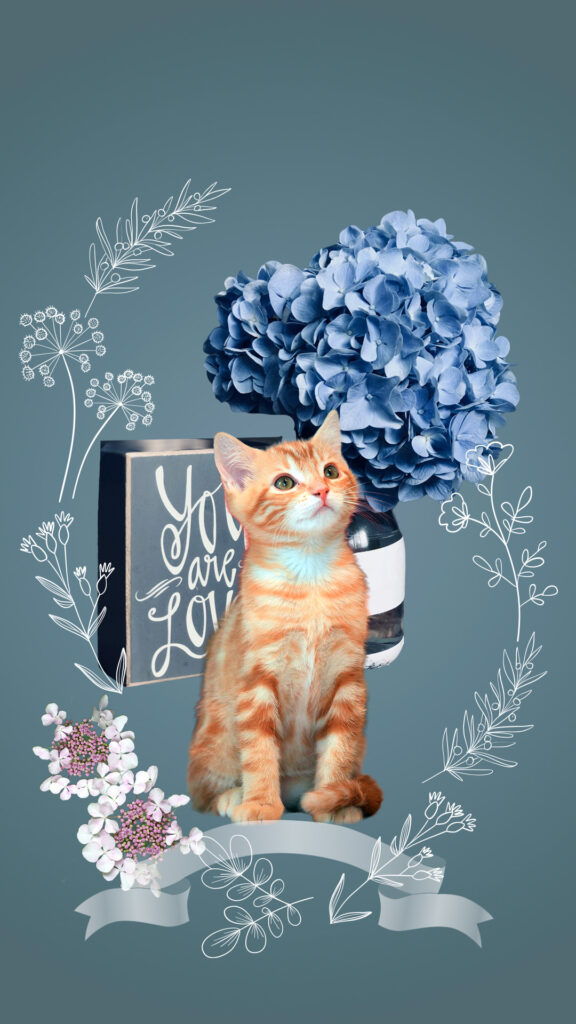 子猫と紫陽花の猫アート 子猫のアート 子猫のメモリアルコラージュ ペットアート