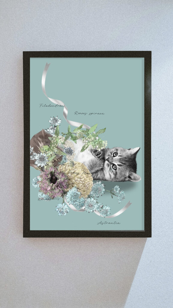 子猫と花のマッスのメモリアルコラージュ デジタルコラージュ 猫アート catart