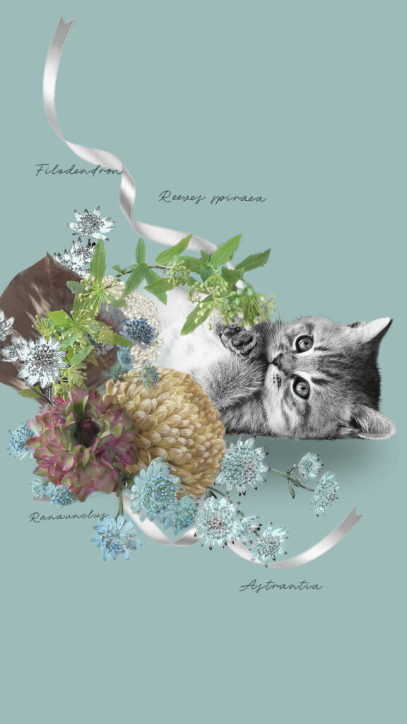 子猫と花のマッスのペットアート(UJ WORKS制作) 猫のアート 猫のメモリアルコラージュ catart catlover