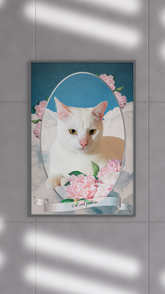 白猫のアート 額装した猫のアート 猫のメモリアルコラージュ 白猫と芍薬