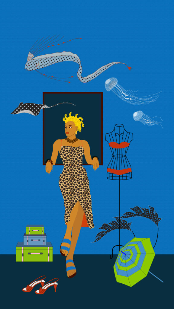 窓際に立つ女性と夏の魚のデジタルイラスト 夏イラスト digital illustration
