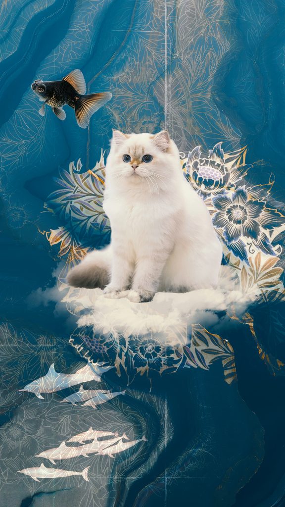 月と波の幻想的な風景に佇む白い猫のコラージュアート