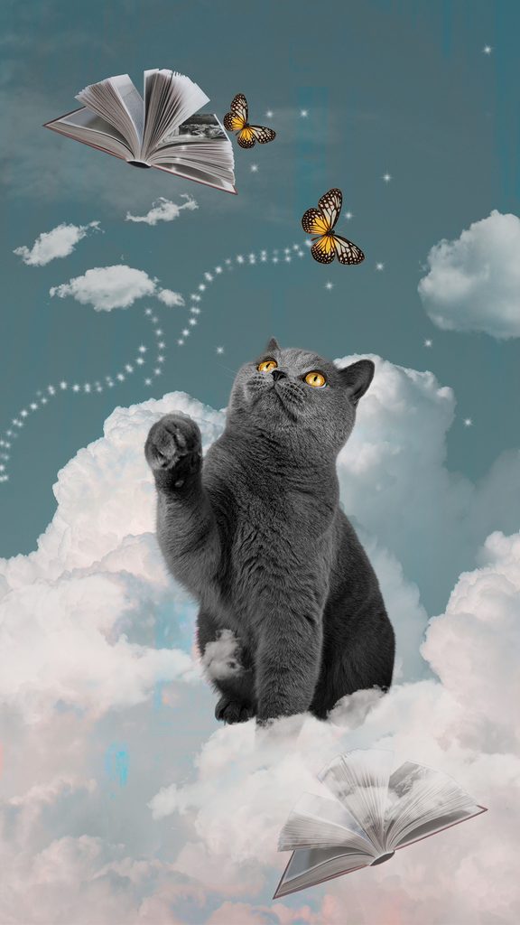 雲の上で蝶に囲まれるグレーの猫のコラージュアート